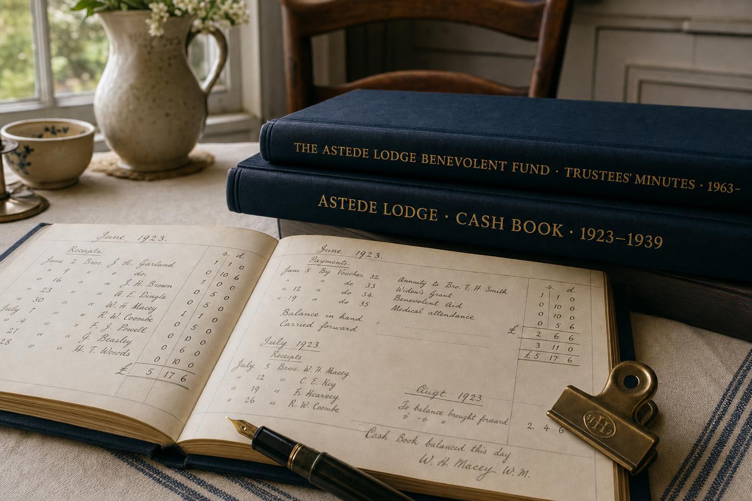 An old Trustee's ring-binder with hand-written ledger entries, set on a kitchen table.
