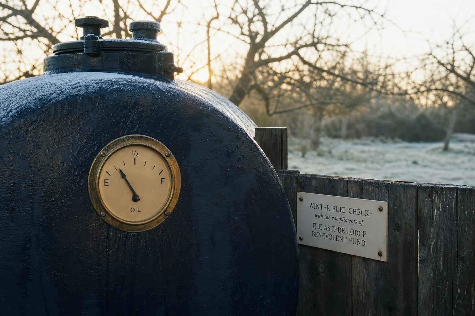 An oil-tank gauge in a back garden in February, low winter light.
