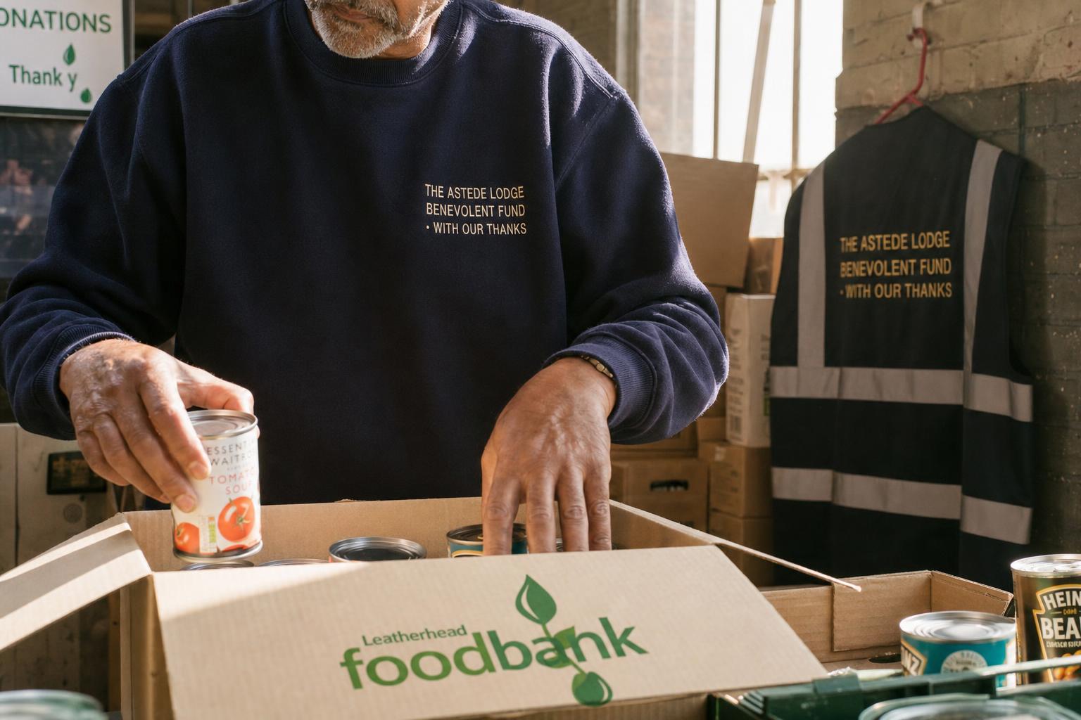 A volunteer at Leatherhead Foodbank packing tins into a cardboard box, golden afternoon light through warehouse windows.