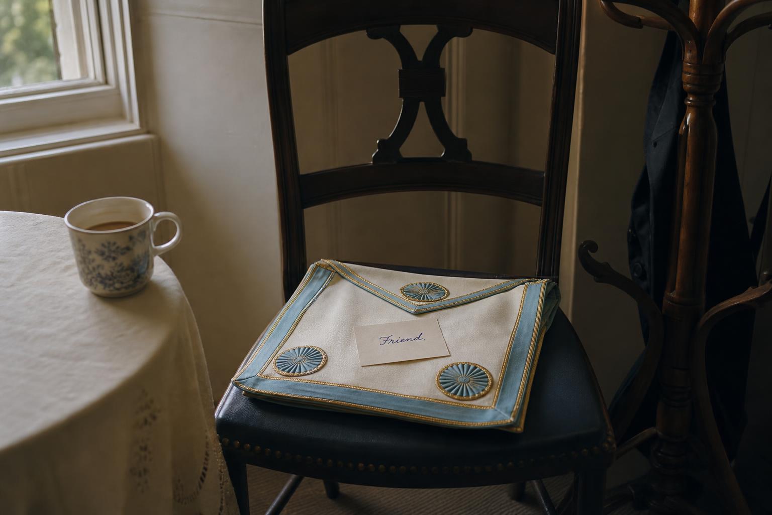 Hand-written ledger pages on a kitchen table, with a Brother's apron folded beside a cup of tea.