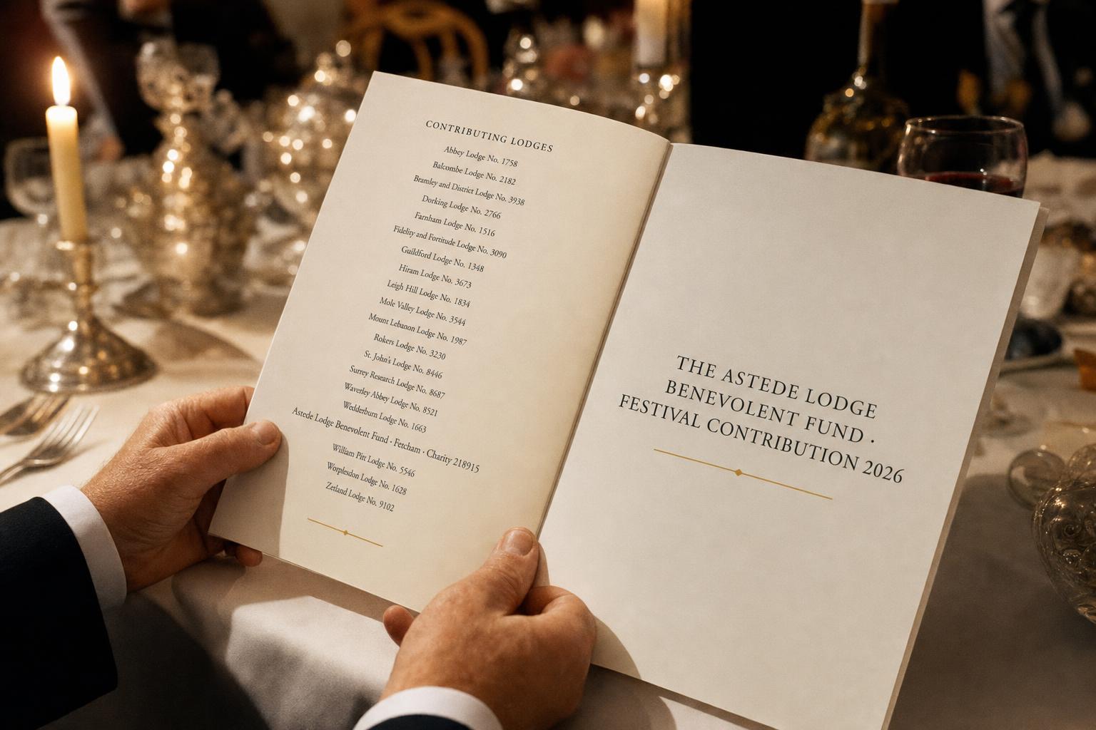 A printed Festival programme in a Brother's hands at a Surrey Provincial banquet, candle-lit table.