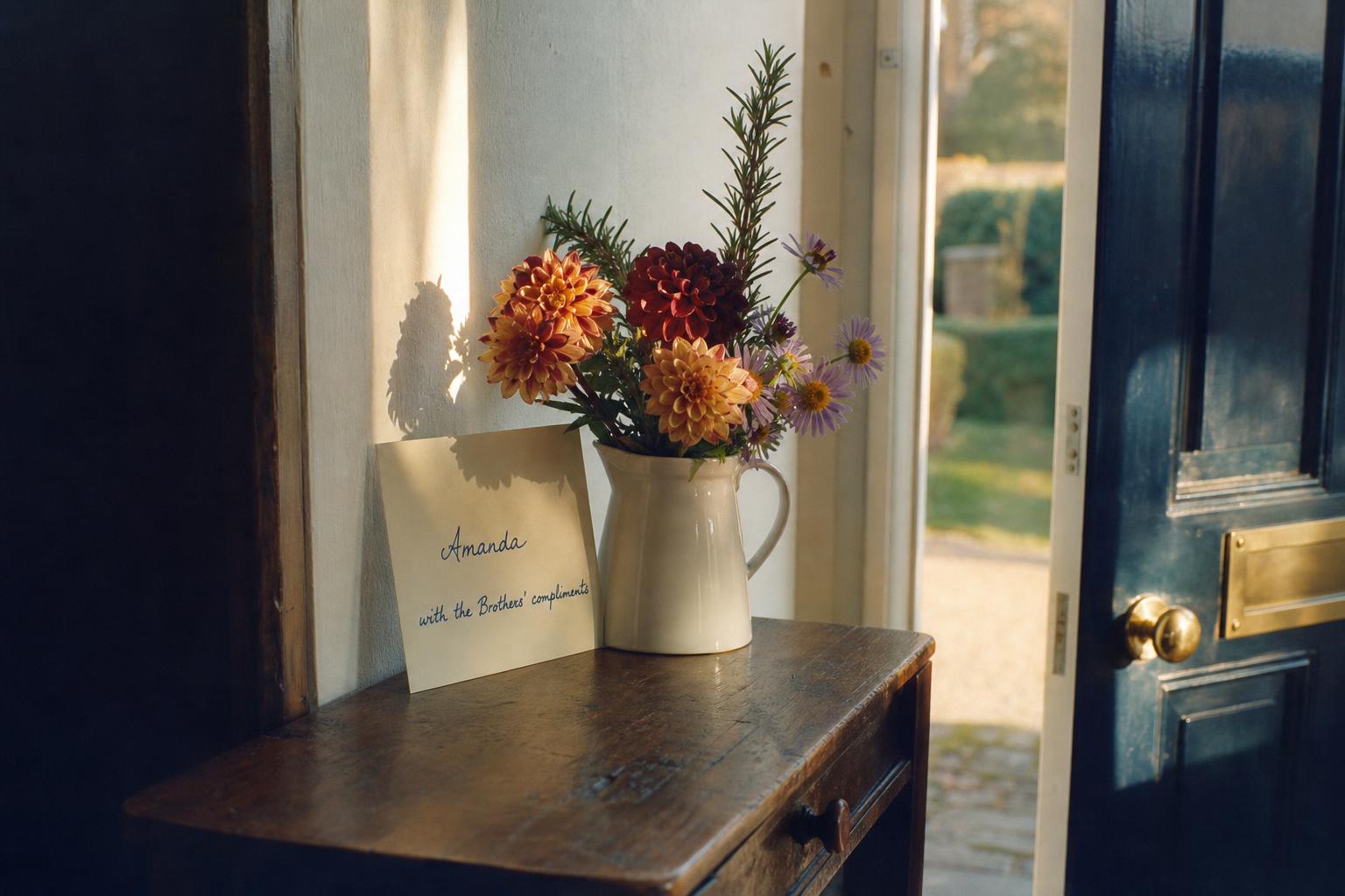 A small posy of garden flowers on a hallway table by an open front door, low afternoon light.