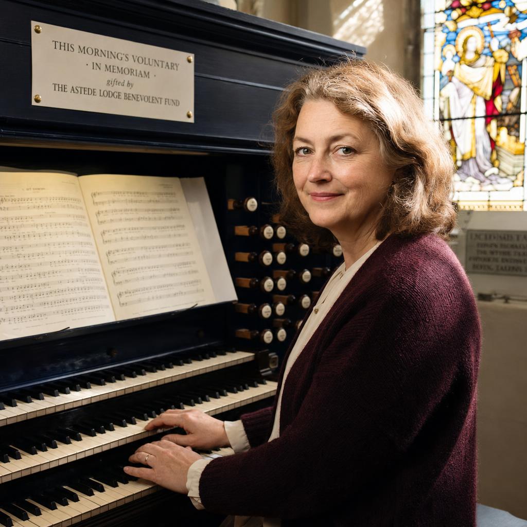A portrait of Helen, a woman in her late fifties in a long cardigan, seated at the organ console of a small parish church, sheet music open in front of her, low light through the stained glass.