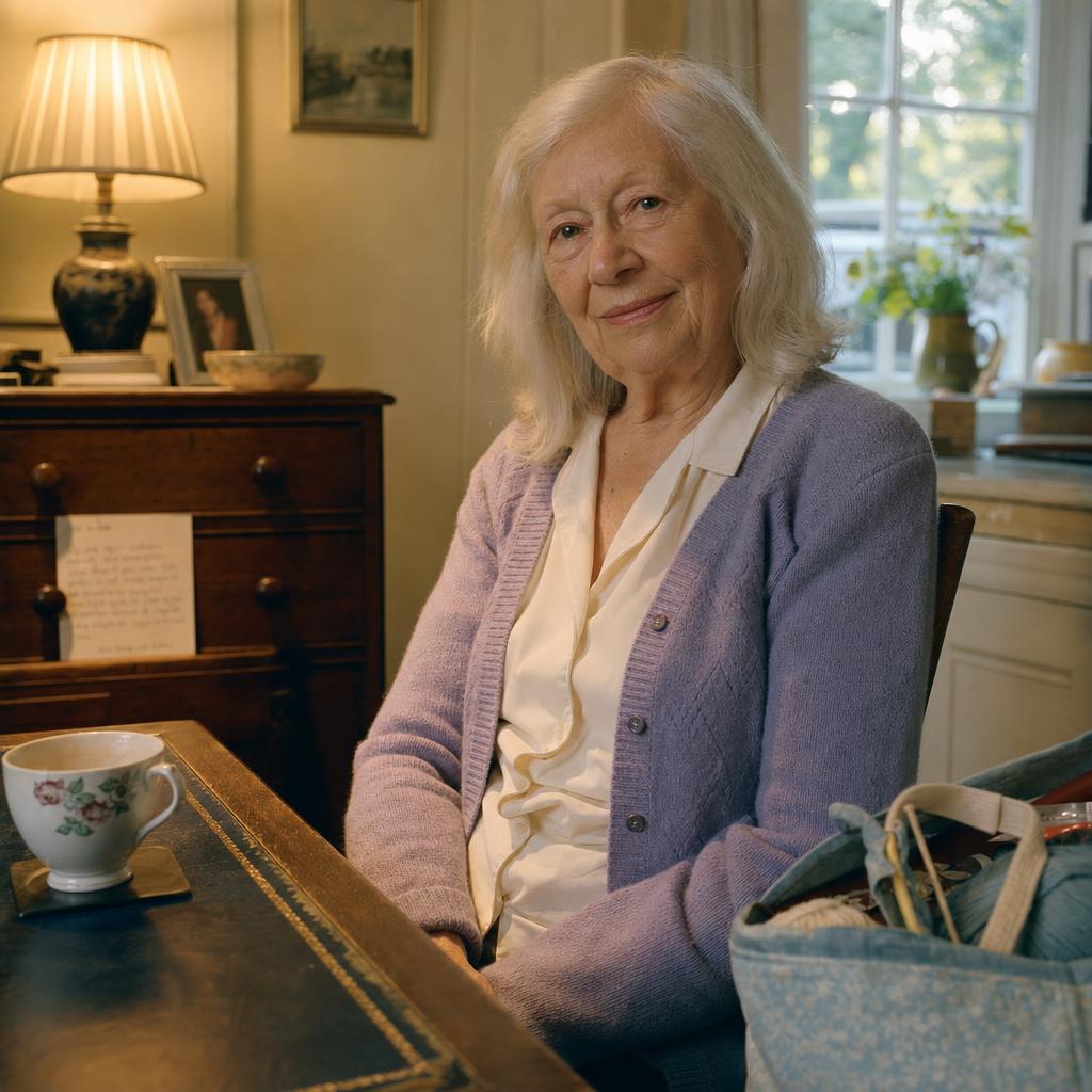 A portrait of Margaret, a woman in her late seventies with white hair, soft lamp-light on her kitchen table.