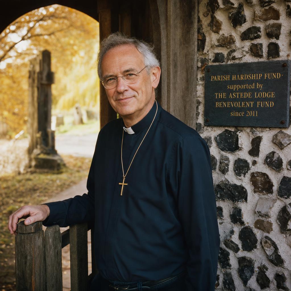 A portrait of the Reverend David, a man in his mid sixties in a black clerical shirt, standing in the porch of a flint church.