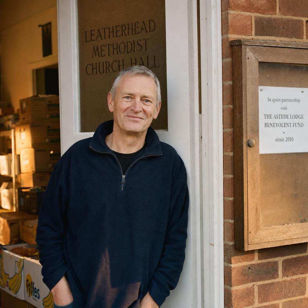 A portrait of Roger, a man in his early sixties wearing a navy fleece, in the doorway of a community foodbank.