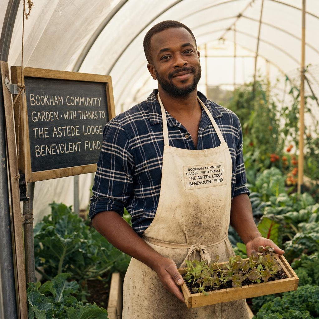 A portrait of Saul, a man in his mid thirties in a checked work-shirt, in a community garden polytunnel with autumn vegetables behind him, soft late-afternoon light.