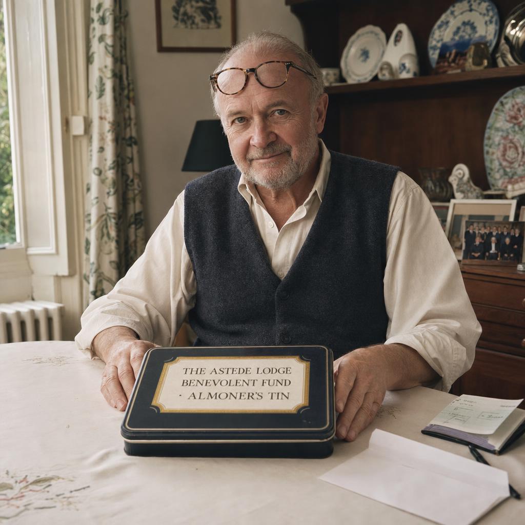 A portrait of Philip Westwood, a man in his early seventies with a short grey beard, in shirt-sleeves at a kitchen table, the Almoner's tin biscuit box at his elbow.
