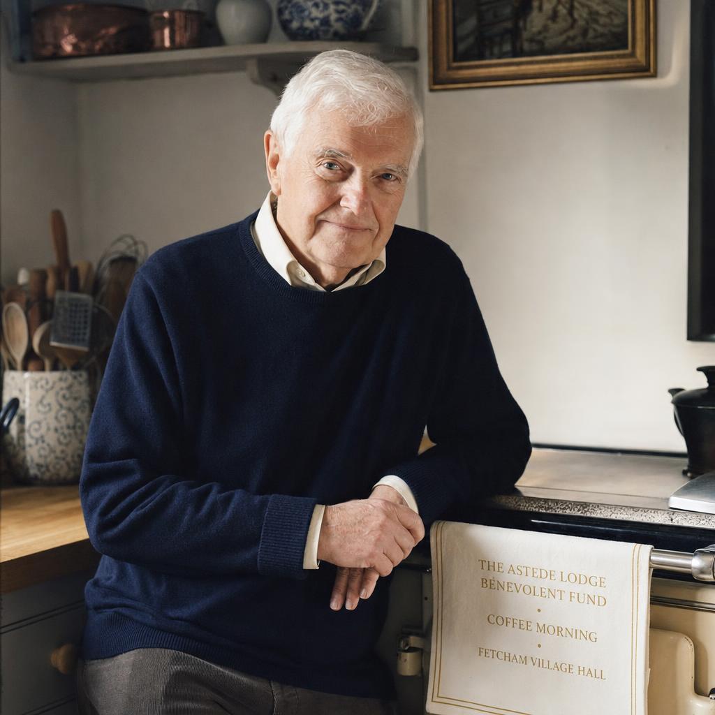 A portrait of John Green, a man in his early seventies in a navy crew-neck jumper, leaning on a kitchen Aga with morning light falling on his shoulder.