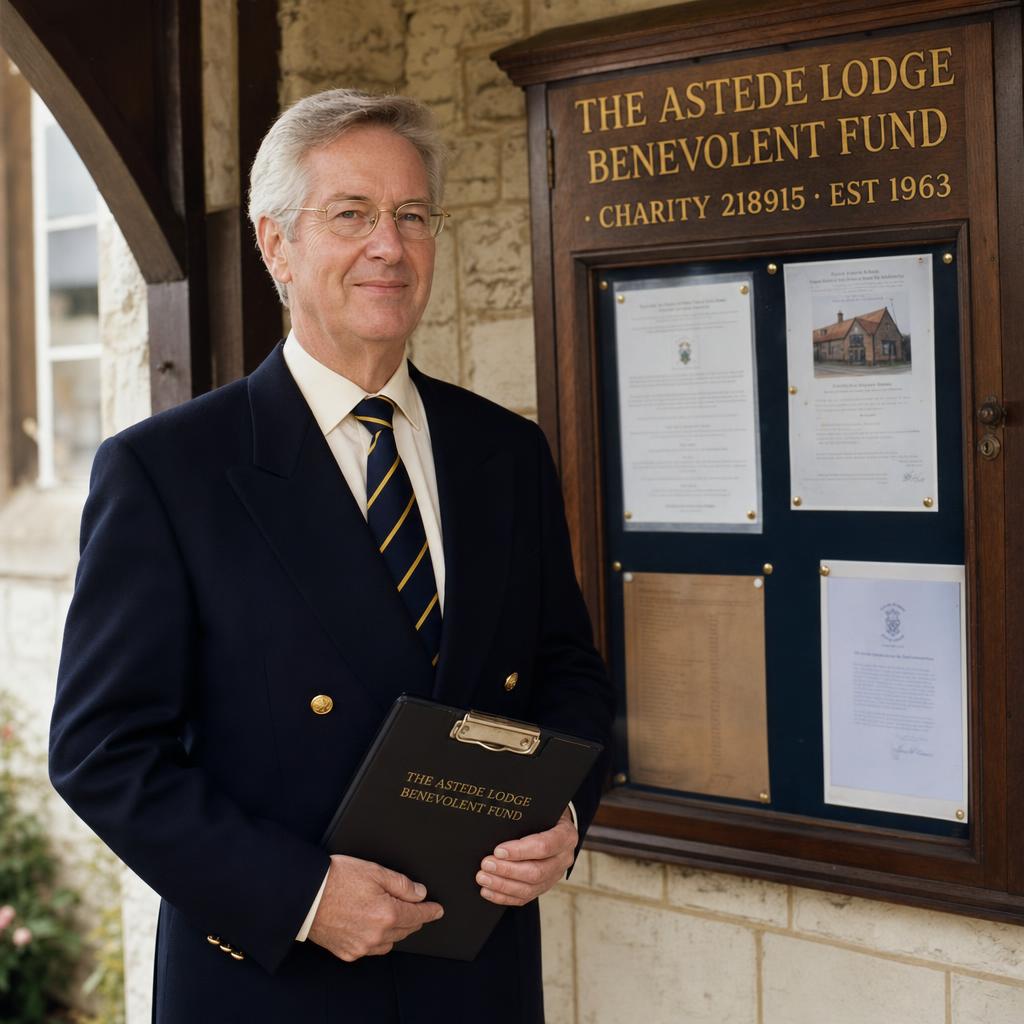 A portrait of Arthur Penny, a man in his mid sixties in a navy blazer, photographed in the porch of Fetcham Village Hall, with the wooden notice-board behind him.